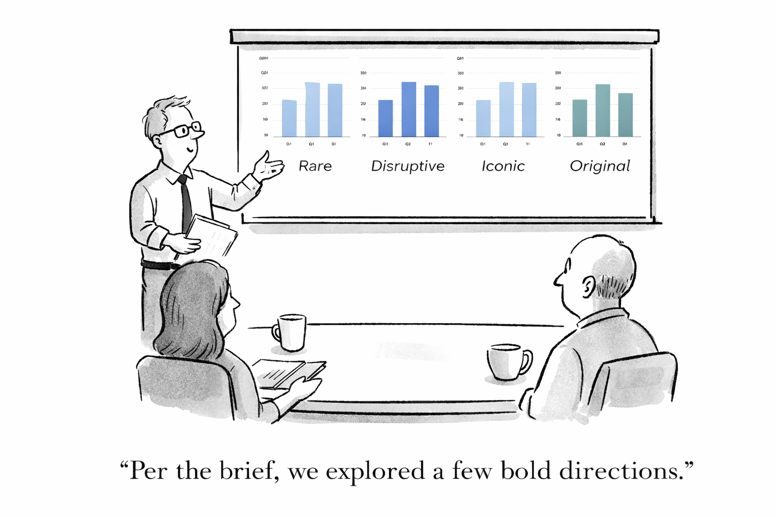 Cartoon of a designer presenting four identical default bar charts labeled Rare, Disruptive, Iconic, and Original, with the caption 'Per the brief, we explored a few bold directions.'